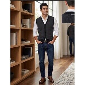 Van Heusen Sweater Vest Men’s SZ XL Gray Black V Neck Button Front Grandpacore